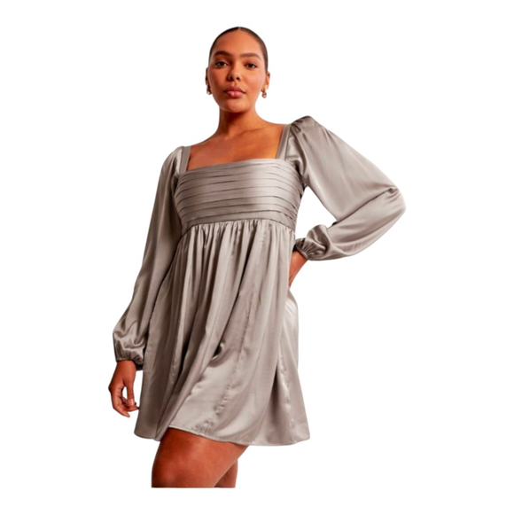 NEW Abercrombie & Fitch Emerson Satin Long Sleeve Mini Dress in Tan Large Tall - Picture 1 of 10
